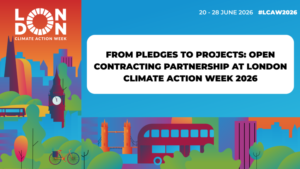 Banner image of a graphic of London scene with the title: From Pledges to Projects: Open Contracting Partnership at London Climate Action Week 2026